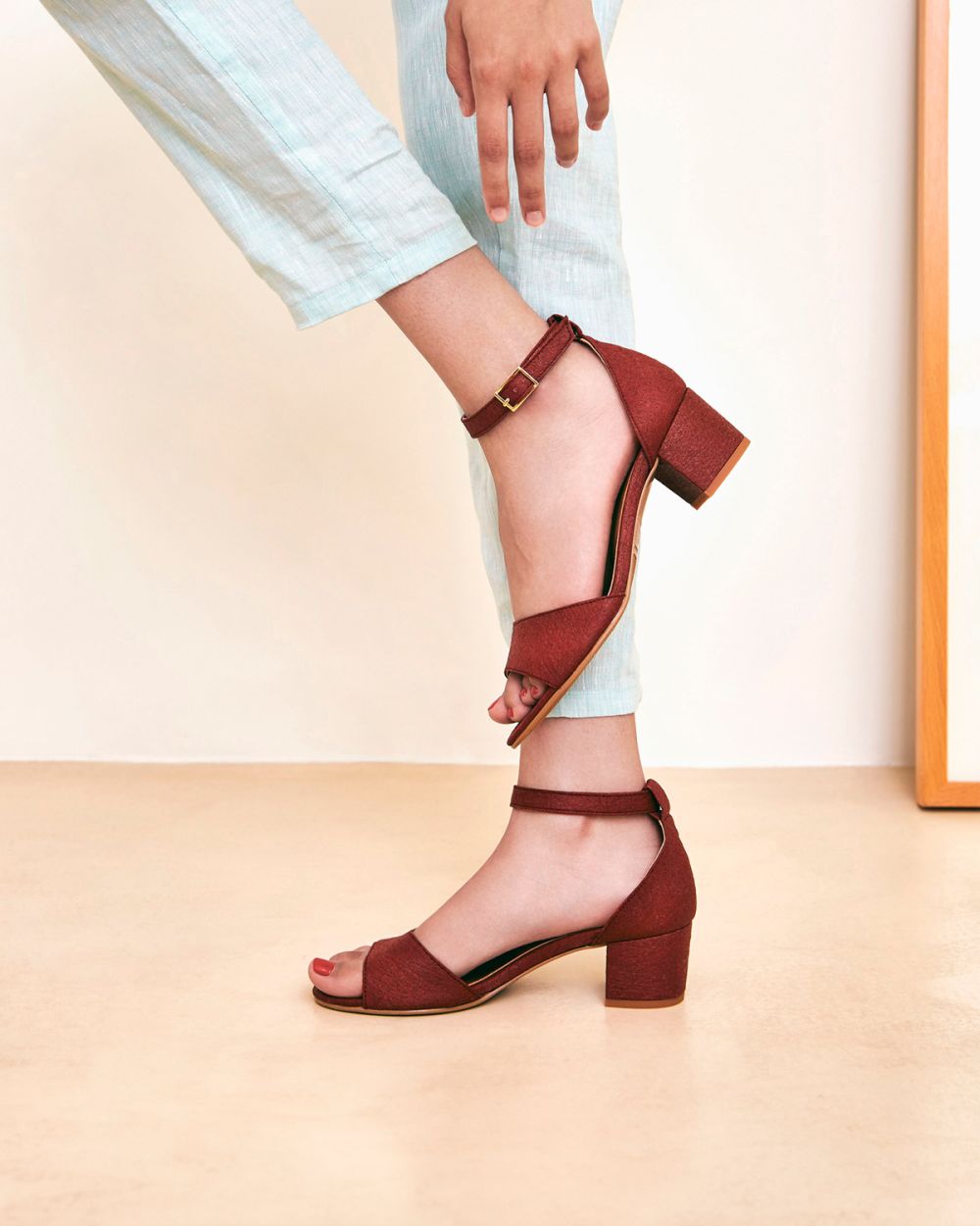 Cora Bordeaux Vegan Open-Toe Heels