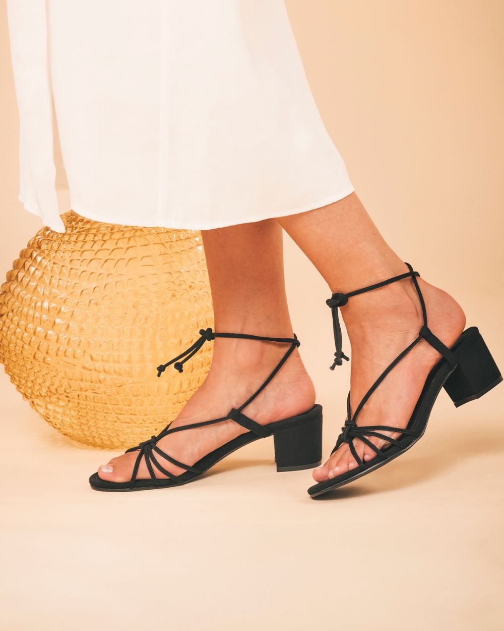 Holly Black Vegan heeled Cross Sandals with ankle laces