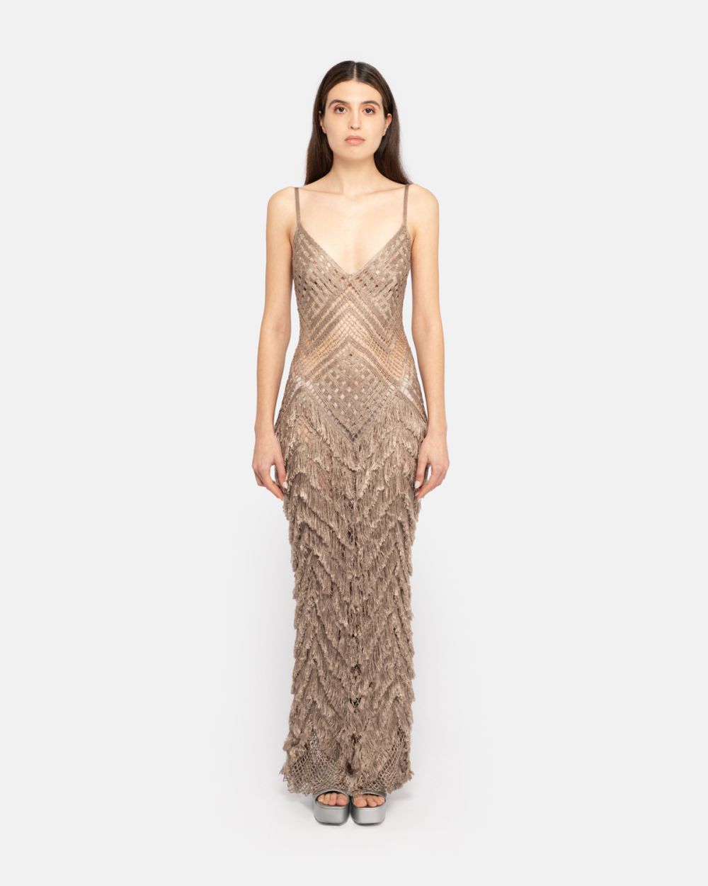 Metallic Fringed Maxi Dress