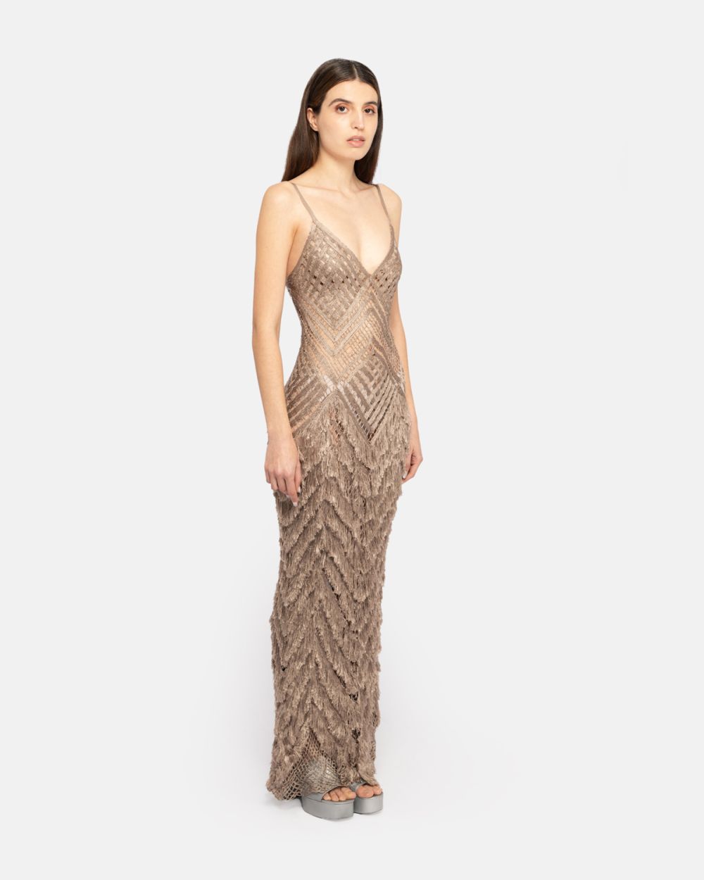 Metallic Fringed Maxi Dress